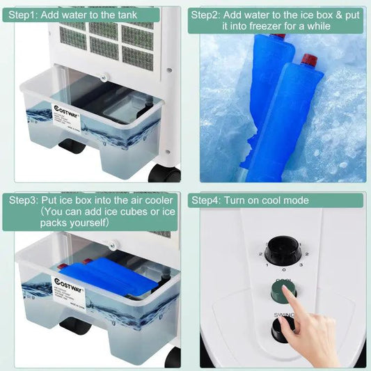 DirectDeals indoor 3-in-1 air cooler for small spaces, white unit with blue water tank on Tampa Home & Garden Store