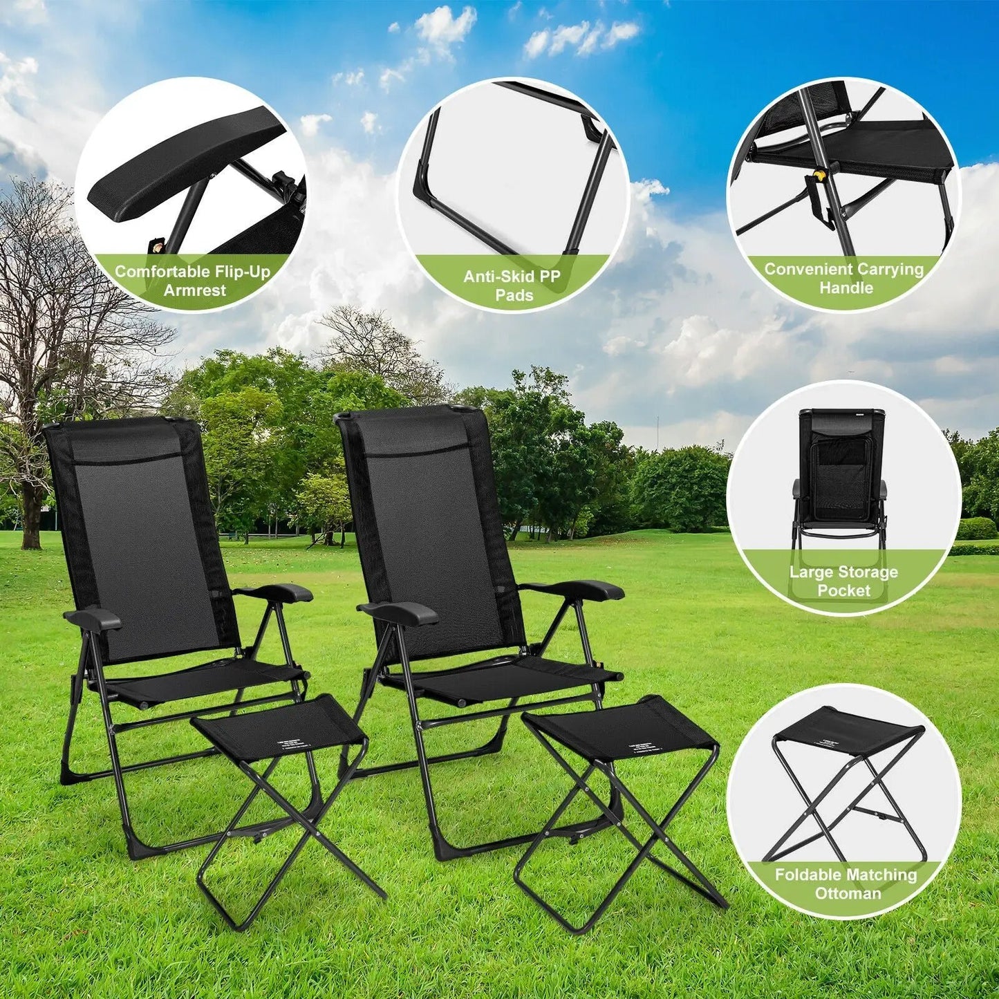 4-Piece patio adjustable back folding chair ottoman set in black by DirectDeals on Tampa Home & Garden Store