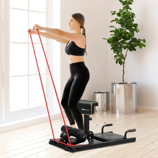 Eight-in-One Home Gym Multifunction Squat Machine black with red resistance bands GoPlus on Tampa Home & Garden Store