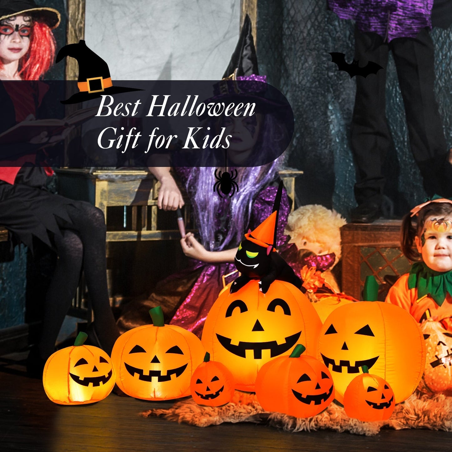 Halloween 7.5ft inflatable orange pumpkin combo with witch and black cat on Tampa Home & Garden Store