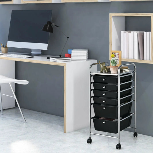 Six-drawer rolling storage cart organizer with black drawers and chrome frame on caster wheels on Tampa Home & Garden Store