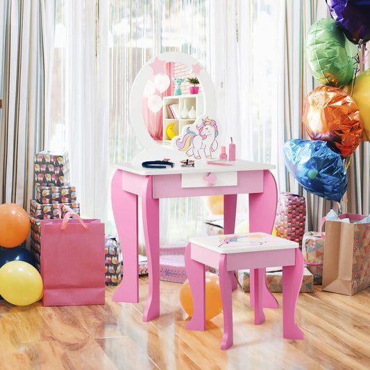 Kids pink and white wooden makeup vanity with round unicorn mirror and drawer, includes chair on Tampa Home & Garden Store