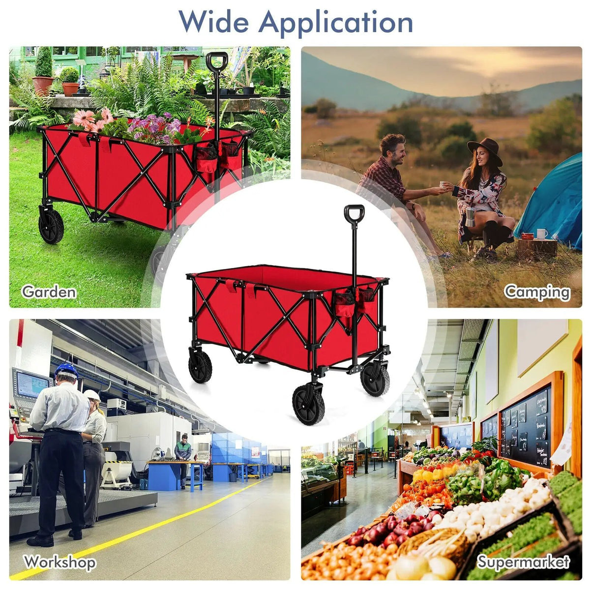 DirectDeals red outdoor folding wagon cart with adjustable handle and universal wheels for garden use on Tampa Home & Garden Store