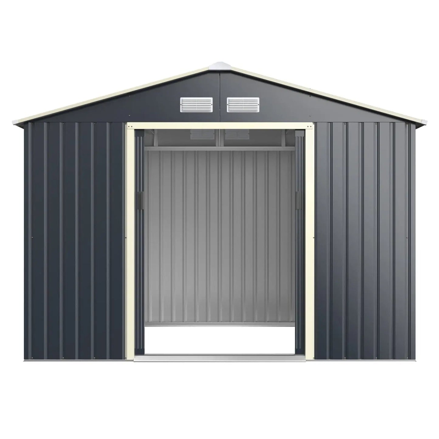 9 x 6 ft gray metal storage shed with double doors and beige trim on Tampa Home & Garden Store