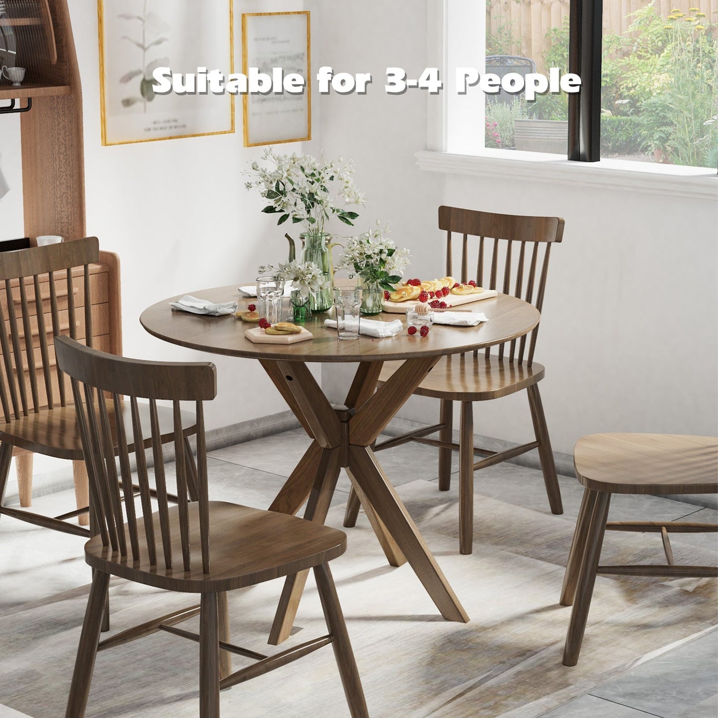 Mesa de comedor redonda de madera de 36 pulgadas con base de pedestal entrelazada