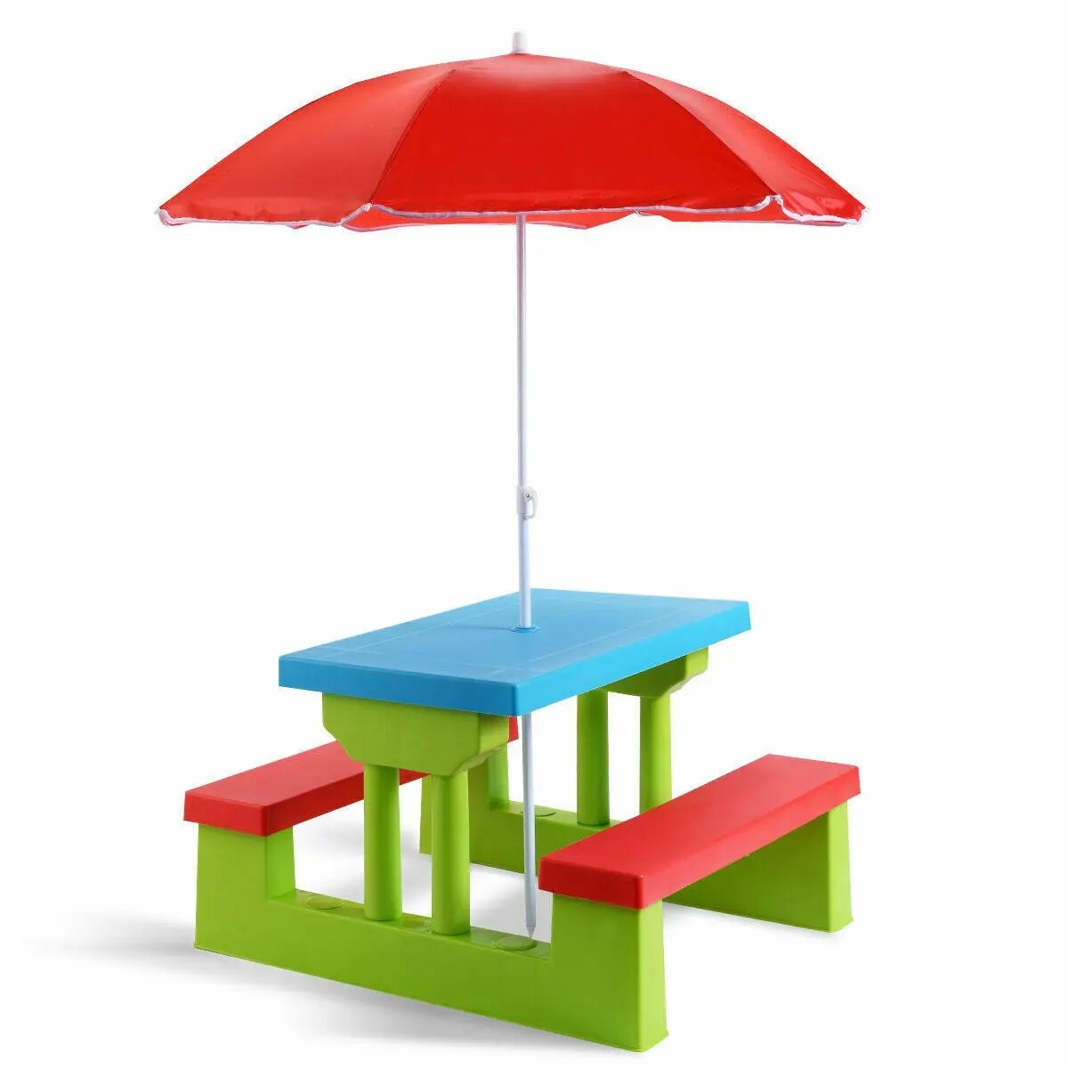 Kids picnic table and bench set with umbrella; blue top, lime green legs, red seats on Tampa Home & Garden Store