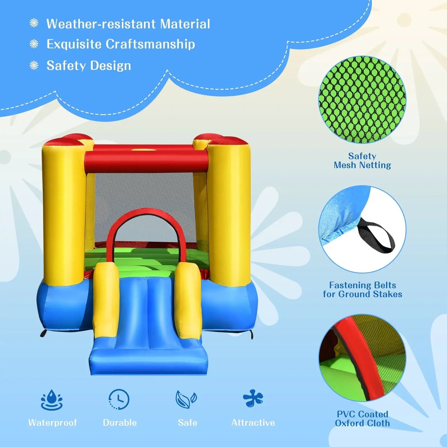 Kids Bounce House with Slide by DirectDeals, inflatable red, yellow, and blue with 480W blower on Tampa Home & Garden Store