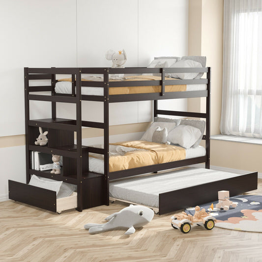 Twin Over Twin Bunk Bed with Storage Shelf and Drawer-Dark Brown - Tampa Home & Garden Store