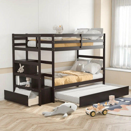 Twin Over Twin Bunk Bed With Storage in dark brown wood, built-in stairs with cubbies and drawer on Tampa Home & Garden Store