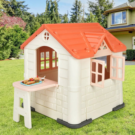 Kid's Playhouse 7 Piece Pretend Toy House with orange roof and pink accents plastic on Tampa Home & Garden Store