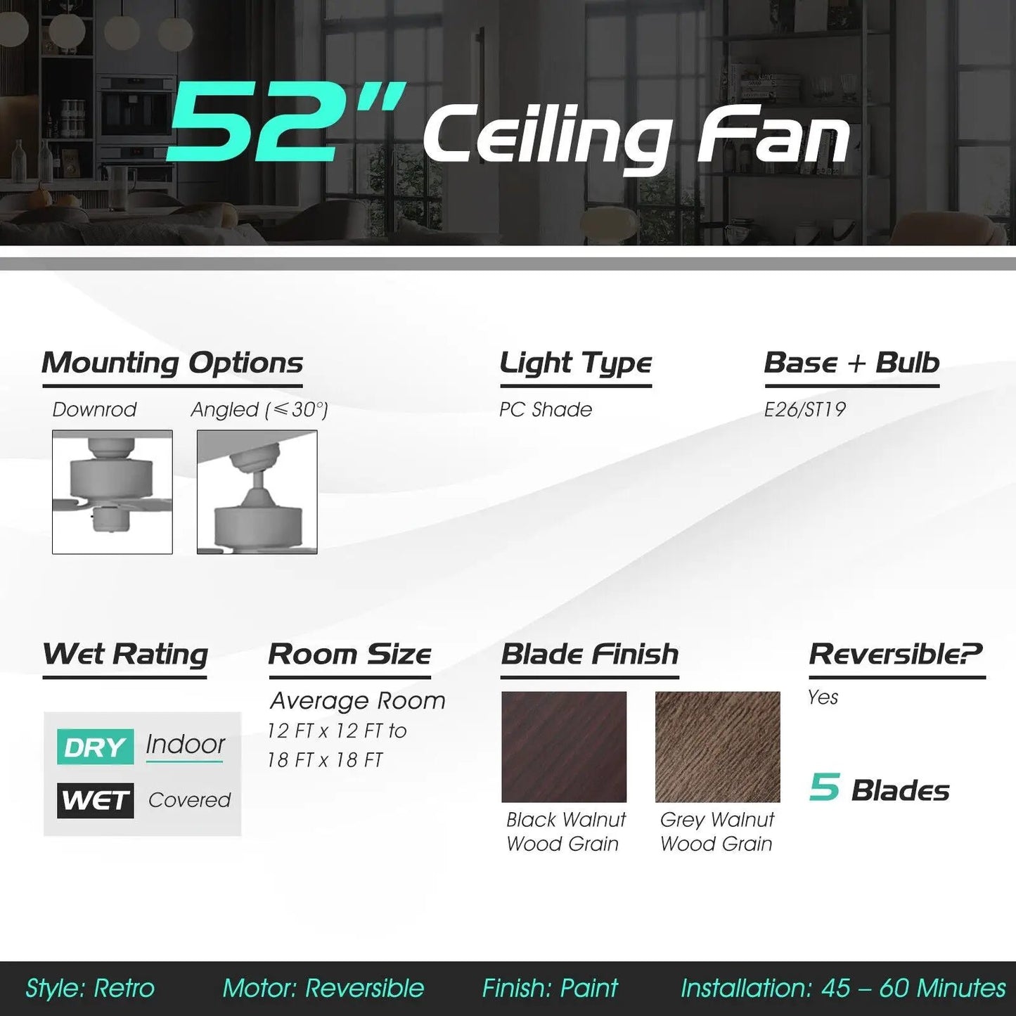 52 Inch Ceiling Fan by DirectDeals with 3 speeds and 5 blades in black finish on Tampa Home & Garden Store
