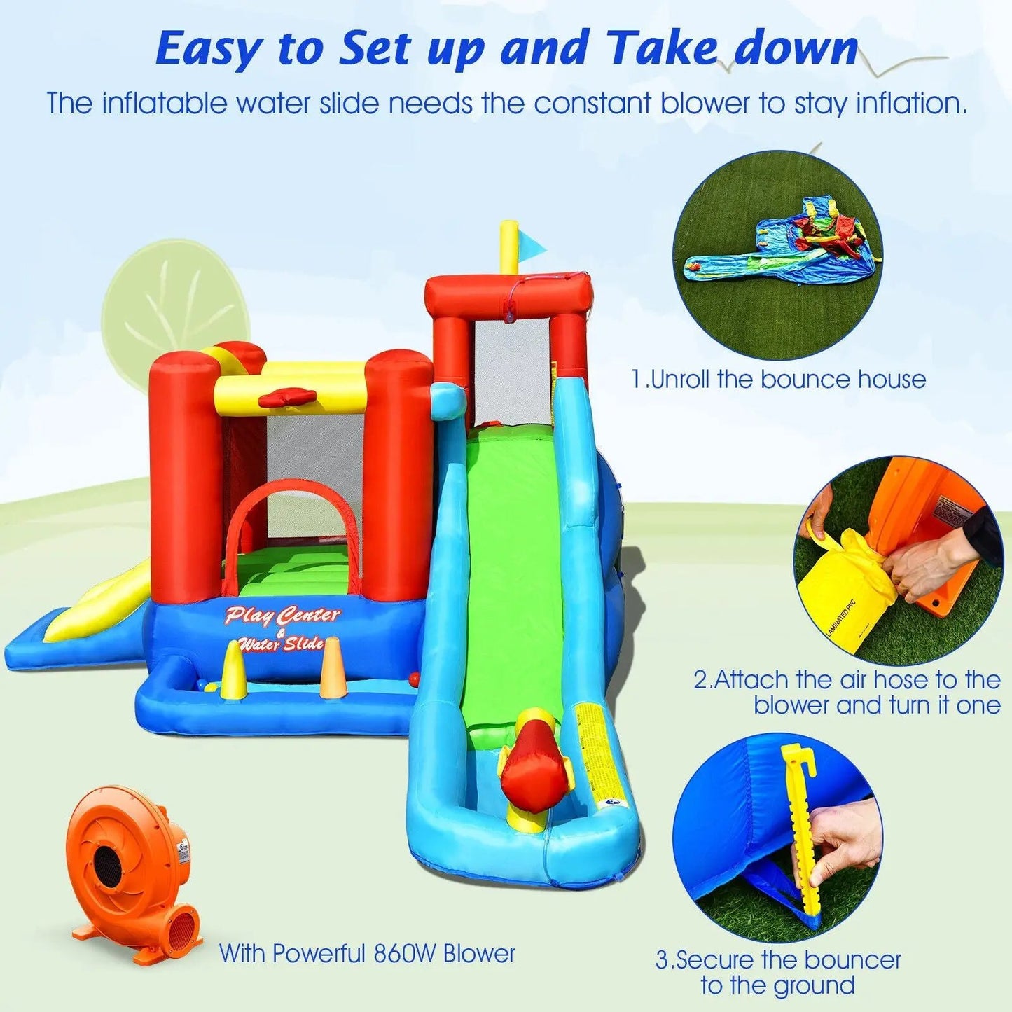 9-in-1 inflatable water slide bounce house with blue red yellow panels and 860W blower on Tampa Home & Garden Store