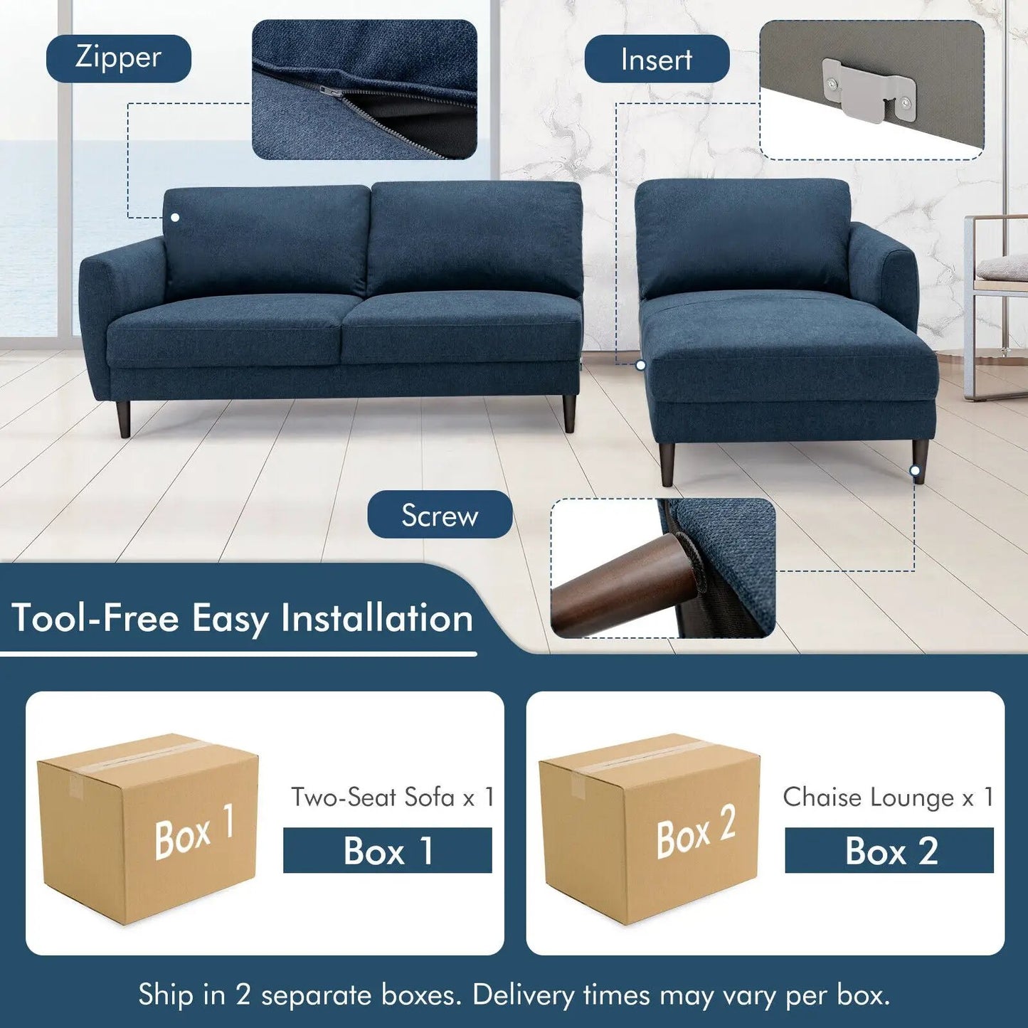 L Shaped Fabric Sectional with Chaise Lounge in blue fabric and wood legs DirectDeals 2-piece on Tampa Home & Garden Store