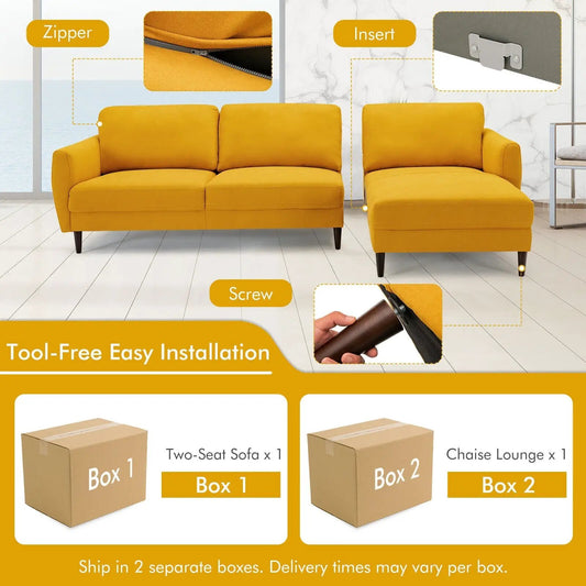 L-shaped fabric sectional with chaise in mustard yellow by DirectDeals, two-piece sofa set on Tampa Home & Garden Store