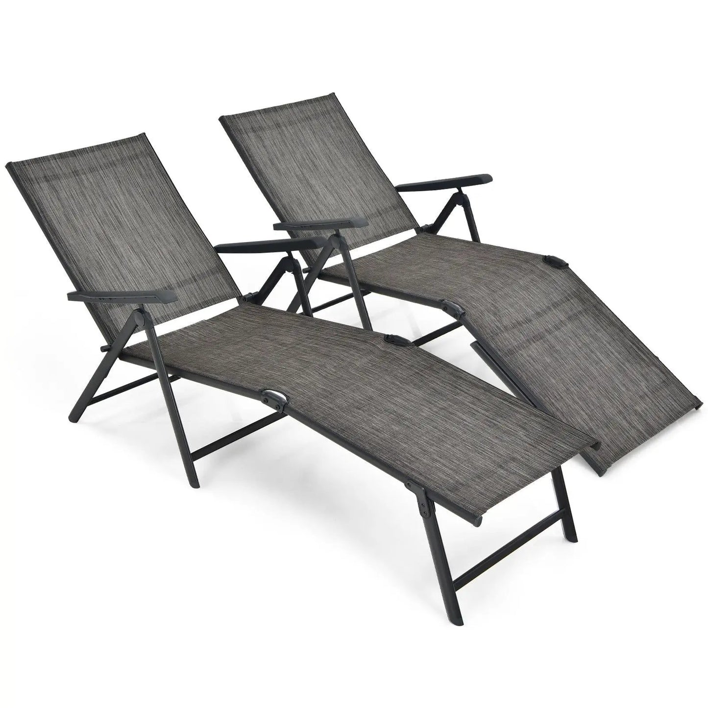 Pair of foldable chaise lounge chairs with footrests in charcoal fabric and black frames on Tampa Home & Garden Store
