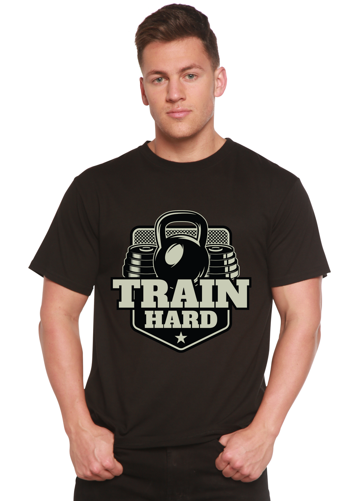 Train Hard men's black T-shirt with bell design by Spun Bamboo bamboo viscose/organic cotton on Tampa Home & Garden Store