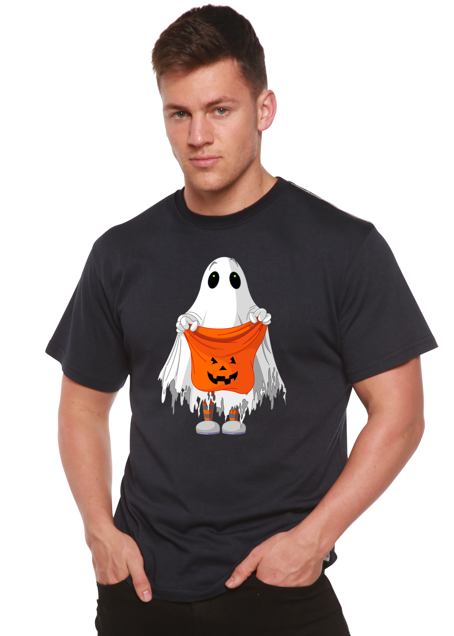 Men's Boo Halloween tee with ghost holding orange pumpkin cape in black by Spun Bamboo on Tampa Home & Garden Store