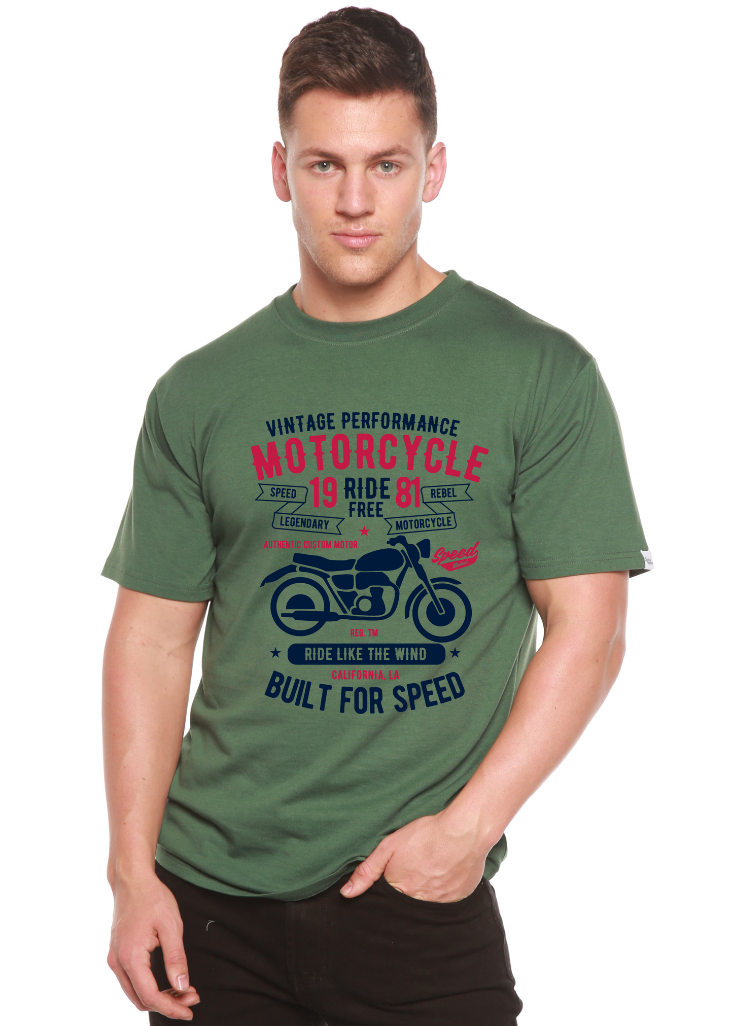 Motorcycle Ride Free men's graphic tee green bamboo viscose/organic cotton by Spun Bamboo on Tampa Home & Garden Store