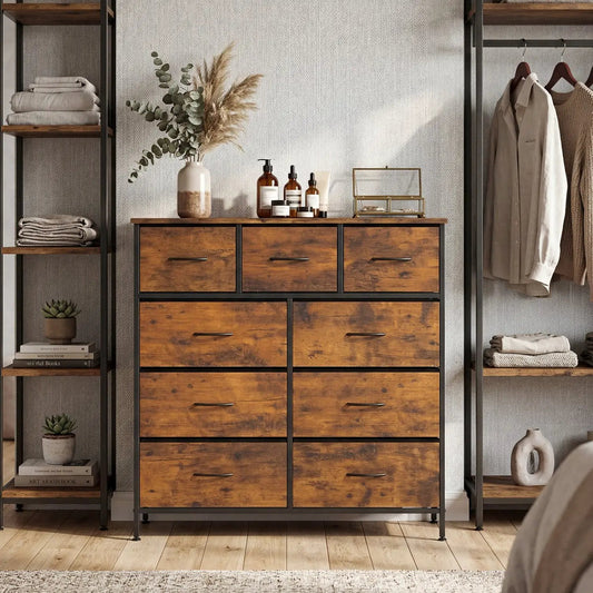 9-Drawer Fabric Dresser with Wooden Top in warm wood finish, black metal frame, DirectDeals on Tampa Home & Garden Store