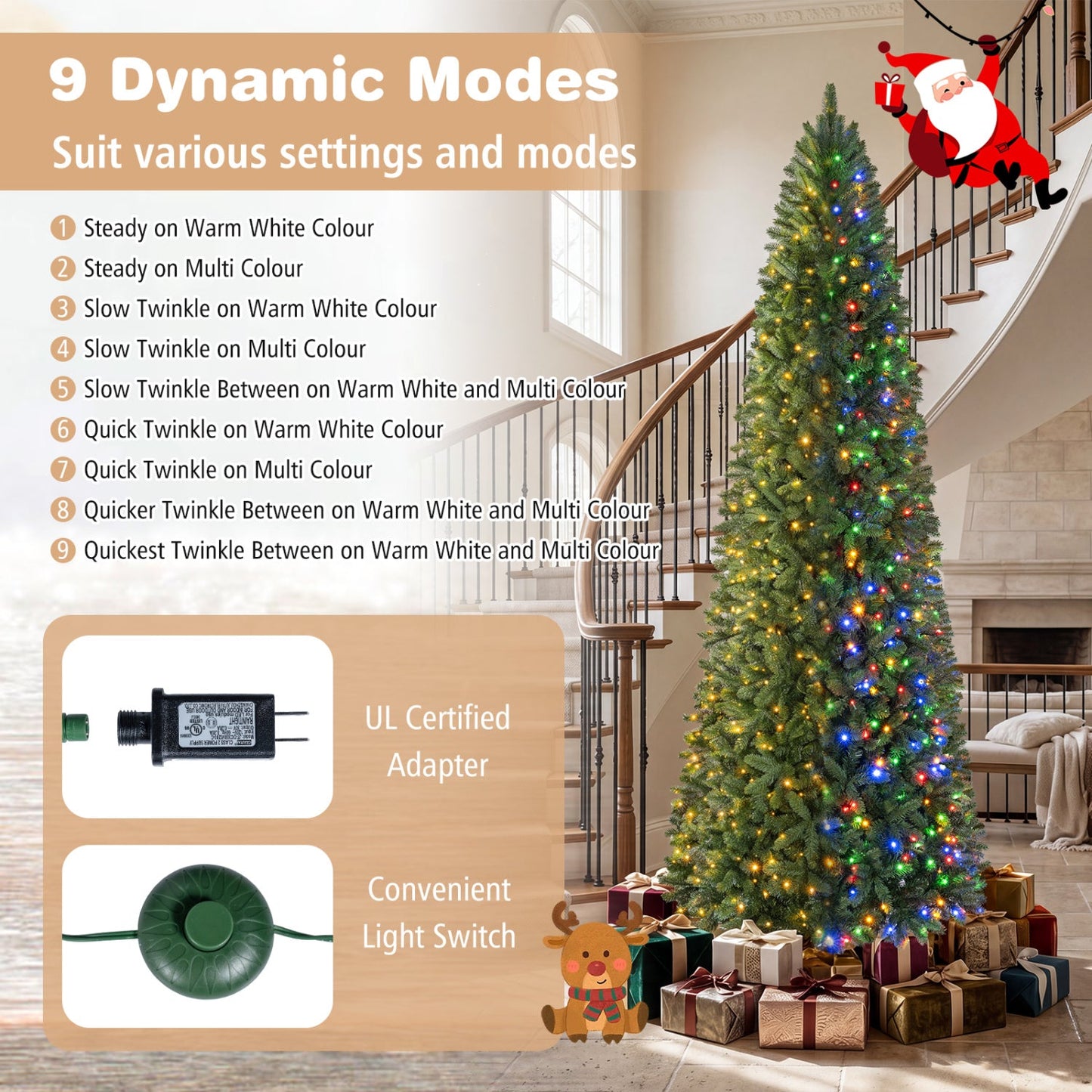 9 ft pencil Alpine Christmas Tree with 550 dual-color LEDs DirectDeals beside stairs on Tampa Home & Garden Store