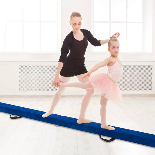 Folding Balance Beam with anti-slip base in blue, used by an instructor guiding a young dancer on Tampa Home & Garden Store