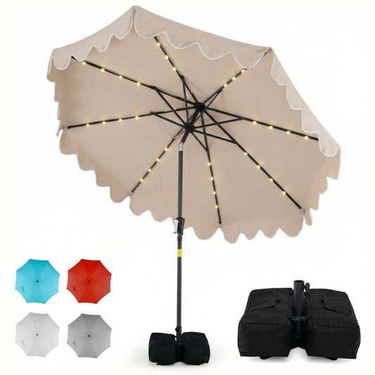 9 ft outdoor patio umbrella with solar LED lights, beige canopy on Tampa Home & Garden Store