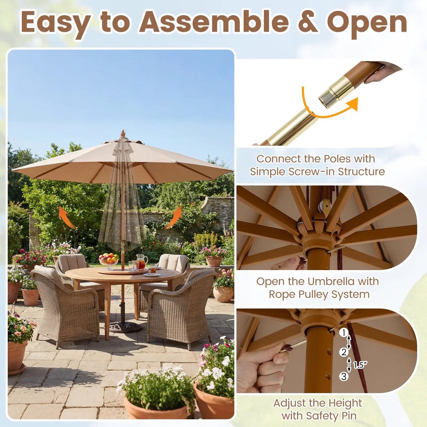 Tan 9 ft patio umbrella with 8 bamboo ribs over a round table and wicker chairs in a garden on Tampa Home & Garden Store