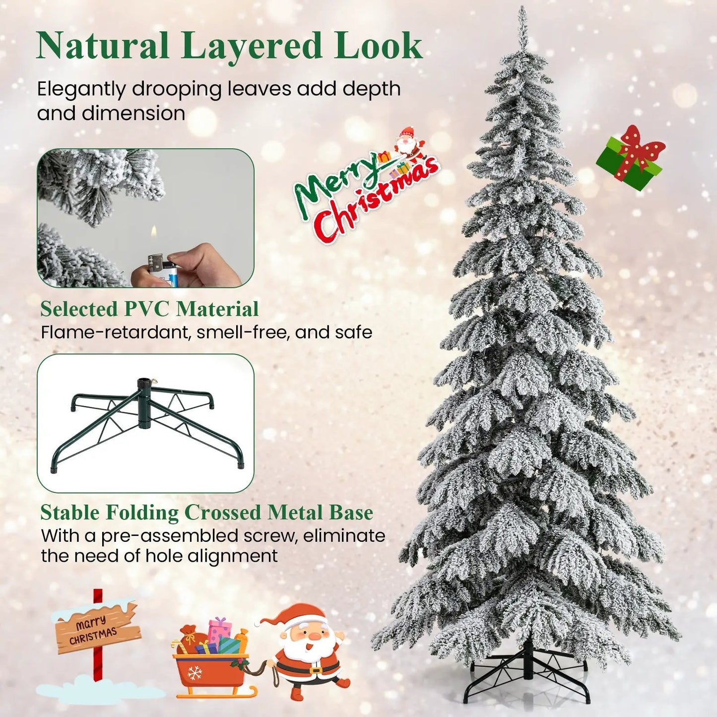 9 ft pre-lit Xmas tree with snowdusted layered branches and quick-connectors on cross metal base on Tampa Home & Garden Store