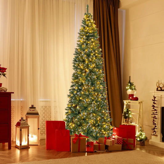 9 ft pre-lit artificial Christmas tree with 1298 snowy tips and warm white lights on Tampa Home & Garden Store