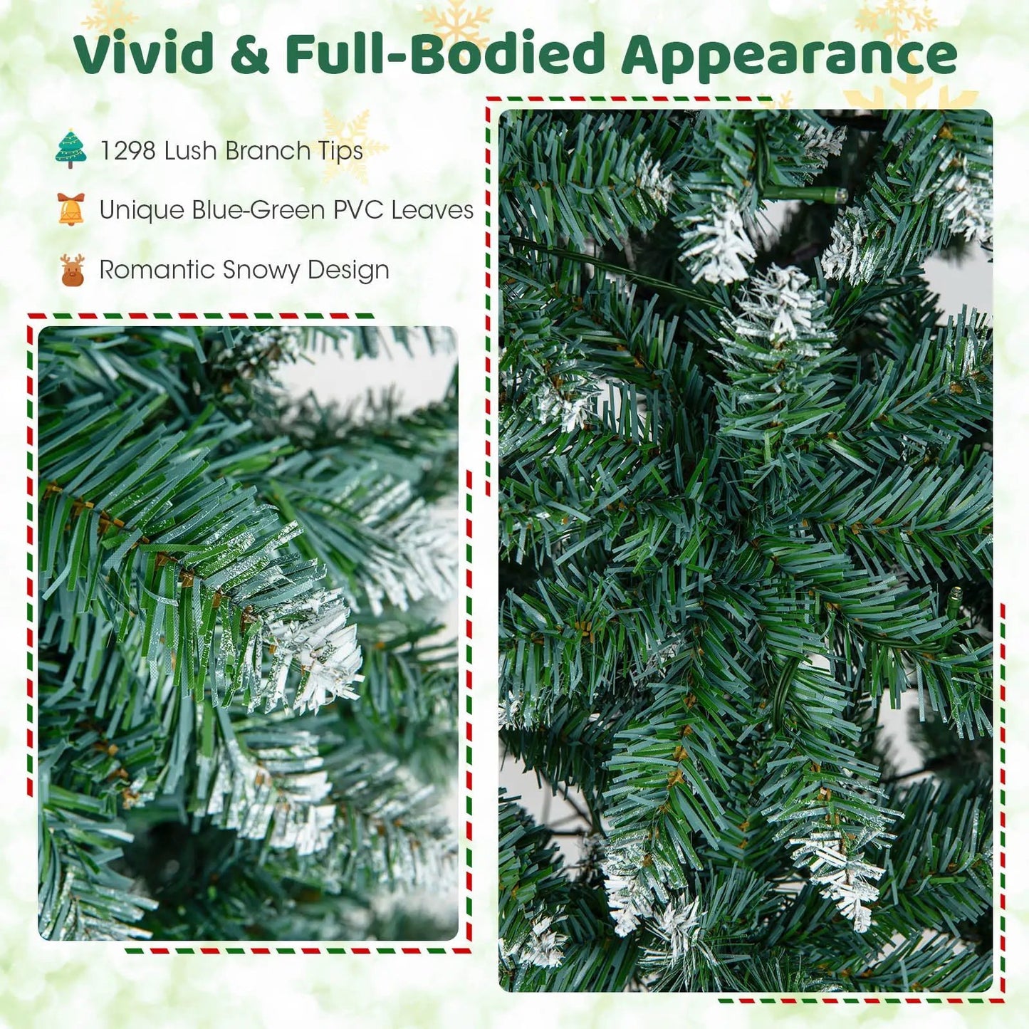 9 ft pre-lit artificial Christmas tree with 1298 snowy tips and blue-green PVC leaves on Tampa Home & Garden Store