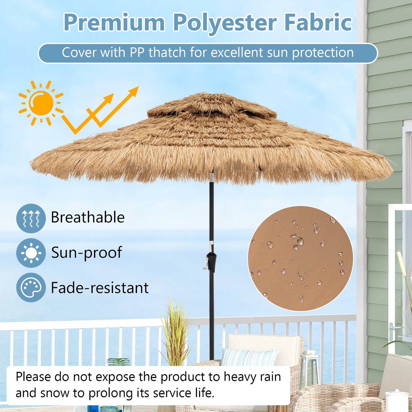 9 Feet Solar Powered Thatched Tiki Patio Umbrella with Led Lights.