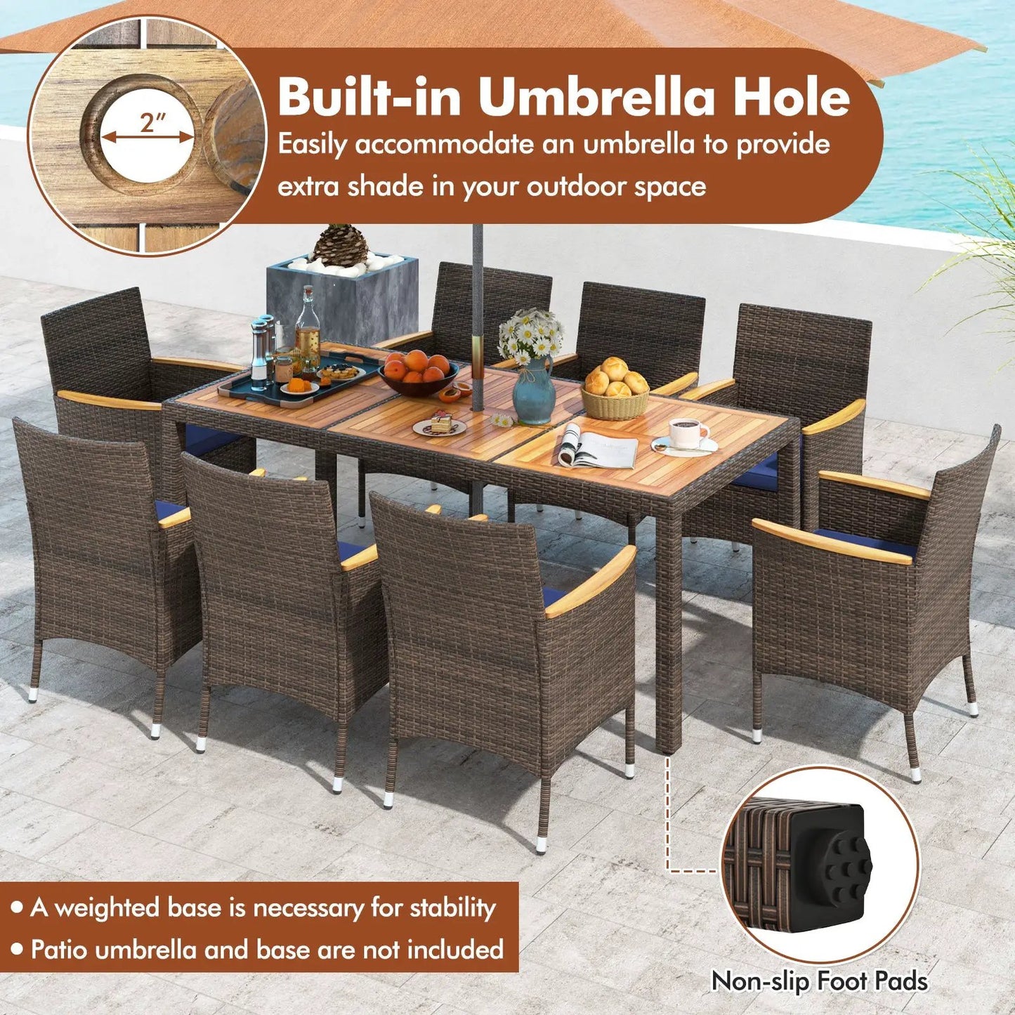 9 Piece Outdoor Dining Set with Acacia Wood Table top by DirectDeals, brown wicker chairs on Tampa Home & Garden Store