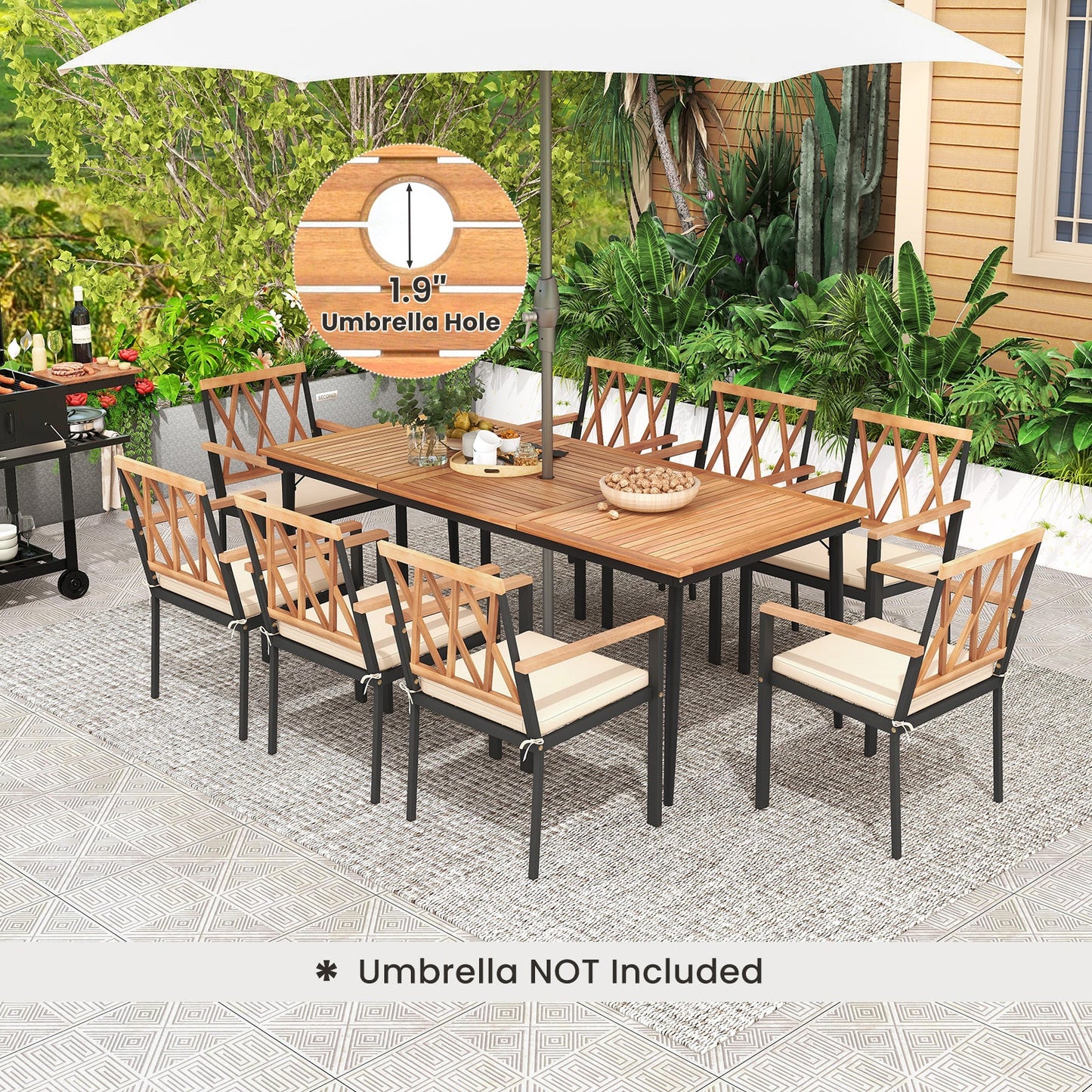 Juego de comedor para patio de 9 piezas con orificio para sombrilla de 1.9 pulgadas y cojines de asiento