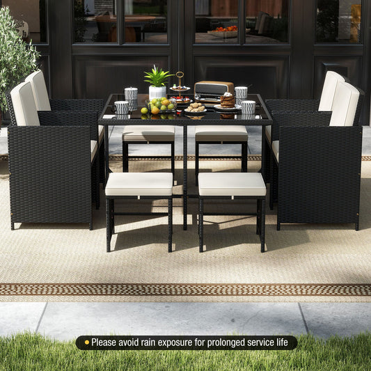 9 Piece Patio Dining Set with Tempered Glass Table and Ottoman-White - Tampa Home & Garden Store