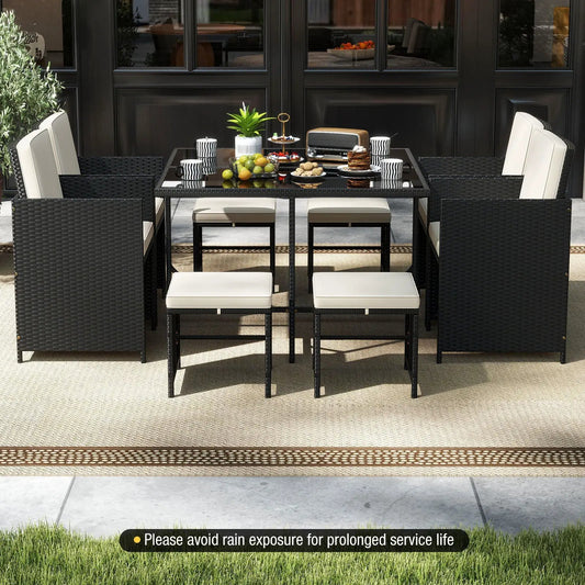 9 Piece Patio Dining Set with Tempered Glass Table and Ottoman-White - Tampa Home & Garden Store