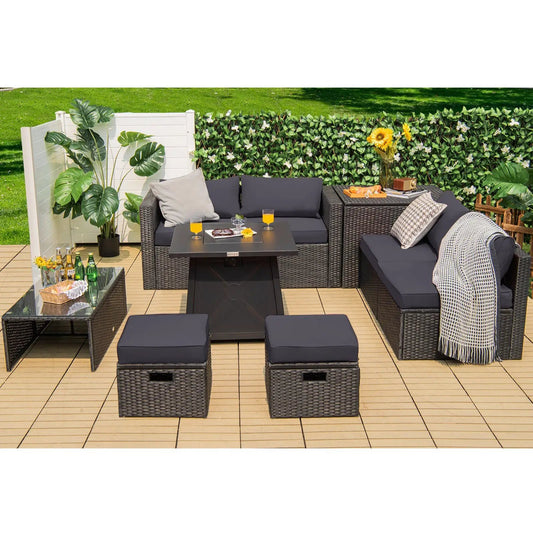 9-piece rattan patio set with propane fire pit, gray cushions, sectional with ottomans on Tampa Home & Garden Store