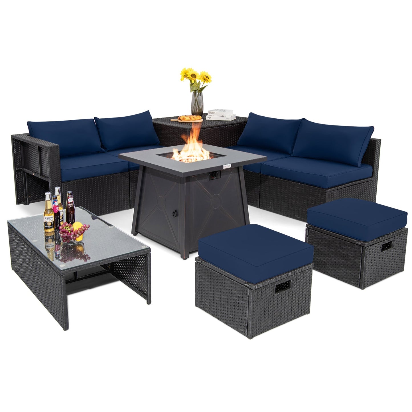 9 Piece Weatherproof Rattan Patio Conversation Set with 30 Inches Propane Fire Pit Table and Dust Covers-Gray - Tampa Home & Garden Store