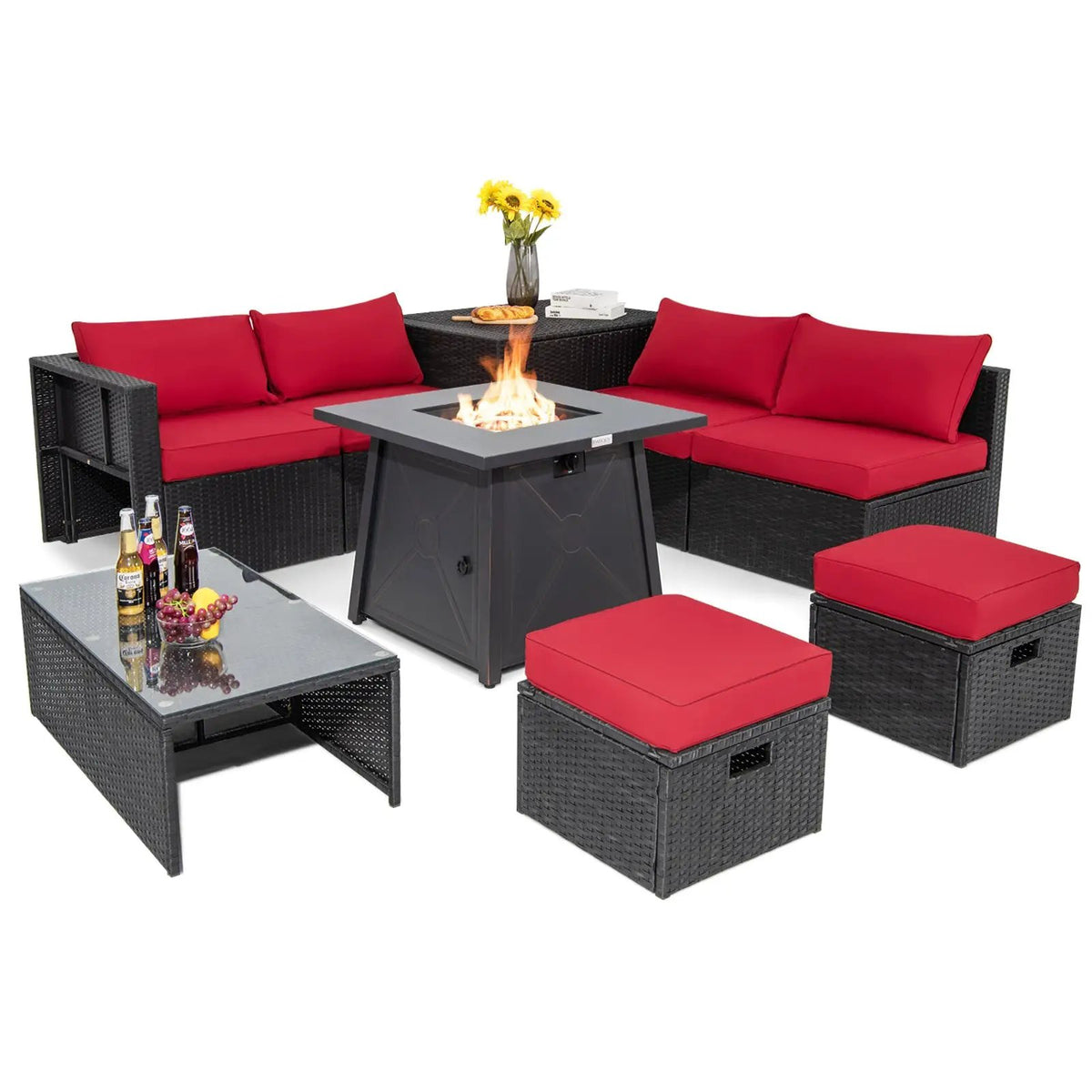 9-Piece Rattan Patio Set with Propane Fire Pit in black wicker, red cushions, includes ottomans on Tampa Home & Garden Store