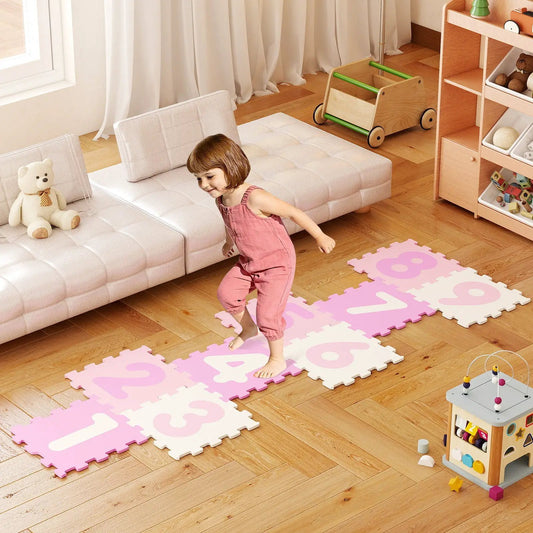 Interlocking foam puzzle mat with marker discs; 9 pink and white tiles for kids play area on Tampa Home & Garden Store