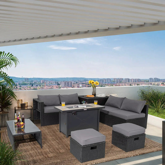 9-Piece PE rattan outdoor sectional sofa set with gray cushions and central fire pit table on a balcony on Tampa Home & Garden Store