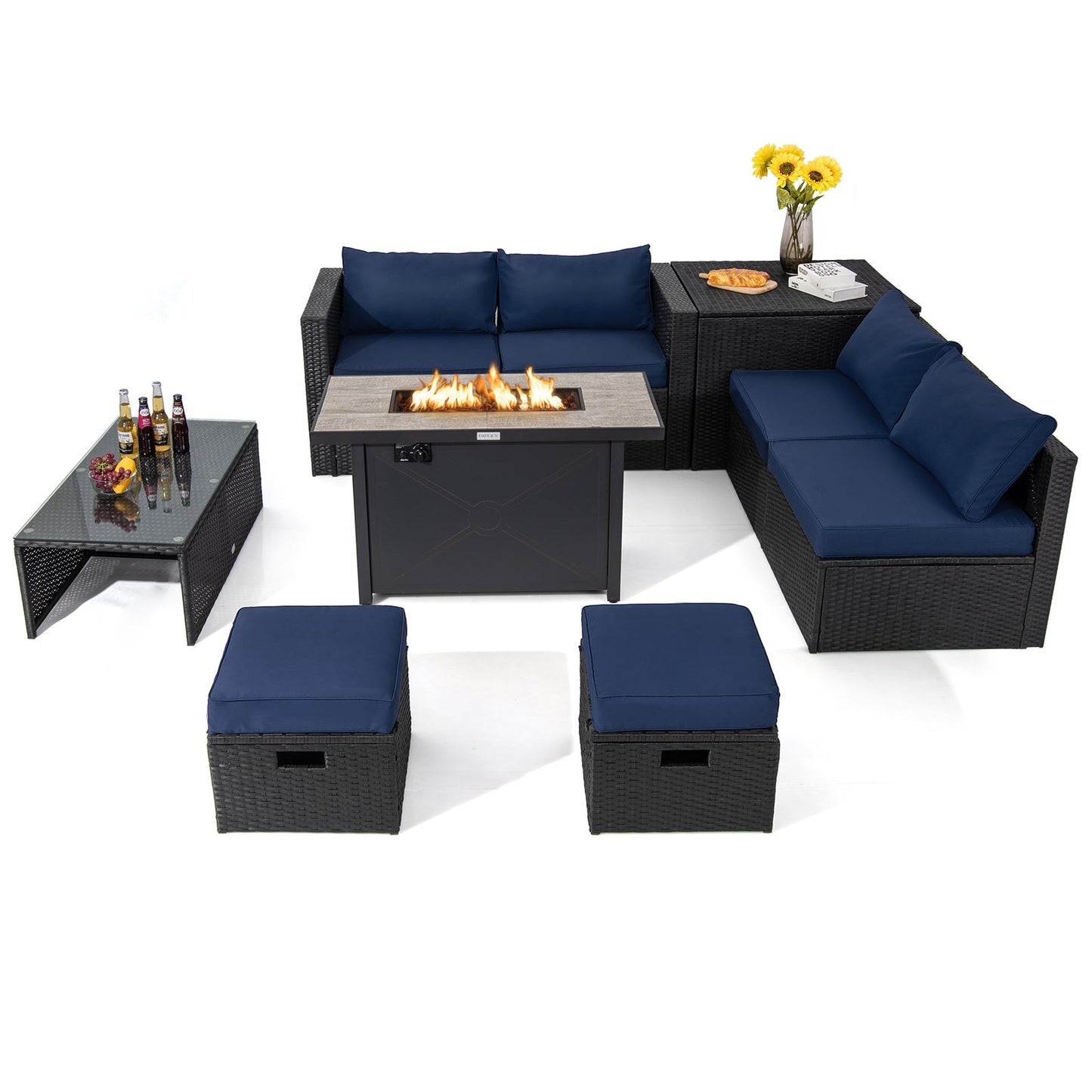 9 Pieces Outdoor PE Rattan Wicker Sectional Sofa with 42 Inch 60 000 BTU Gas Fire Pit Table-Gray - Tampa Home & Garden Store