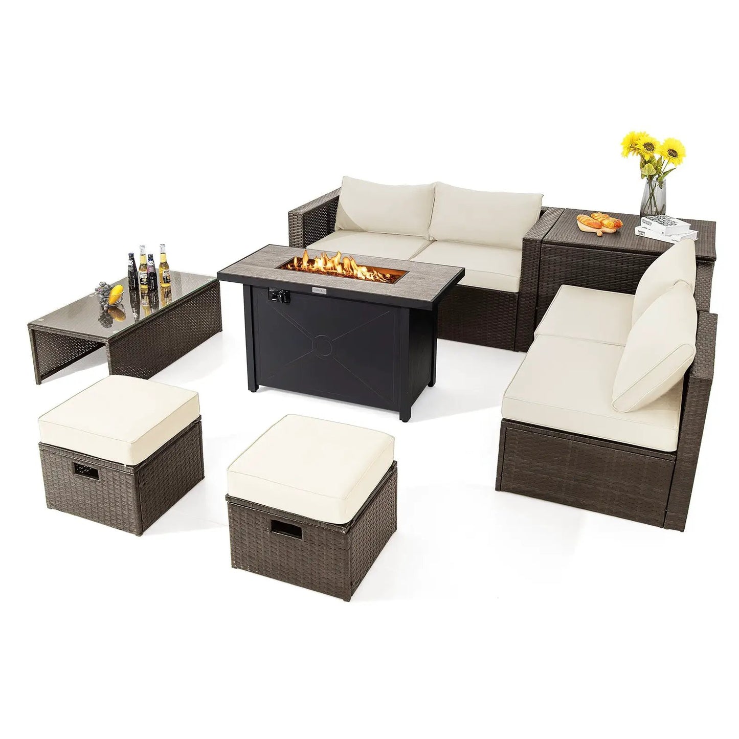 9-Piece Outdoor Patio Set with Fire Pit in dark brown wicker beige cushions; sectional and tables on Tampa Home & Garden Store