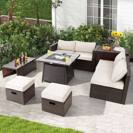 9 Pieces Patio PE Wicker Sectional Set with 50000 BTU Fire Pit Table - Tampa Home & Garden Store