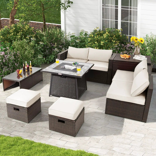 9 Piece Patio Wicker Sectional Set with Fire Pit in dark brown wicker and beige cushions on Tampa Home & Garden Store