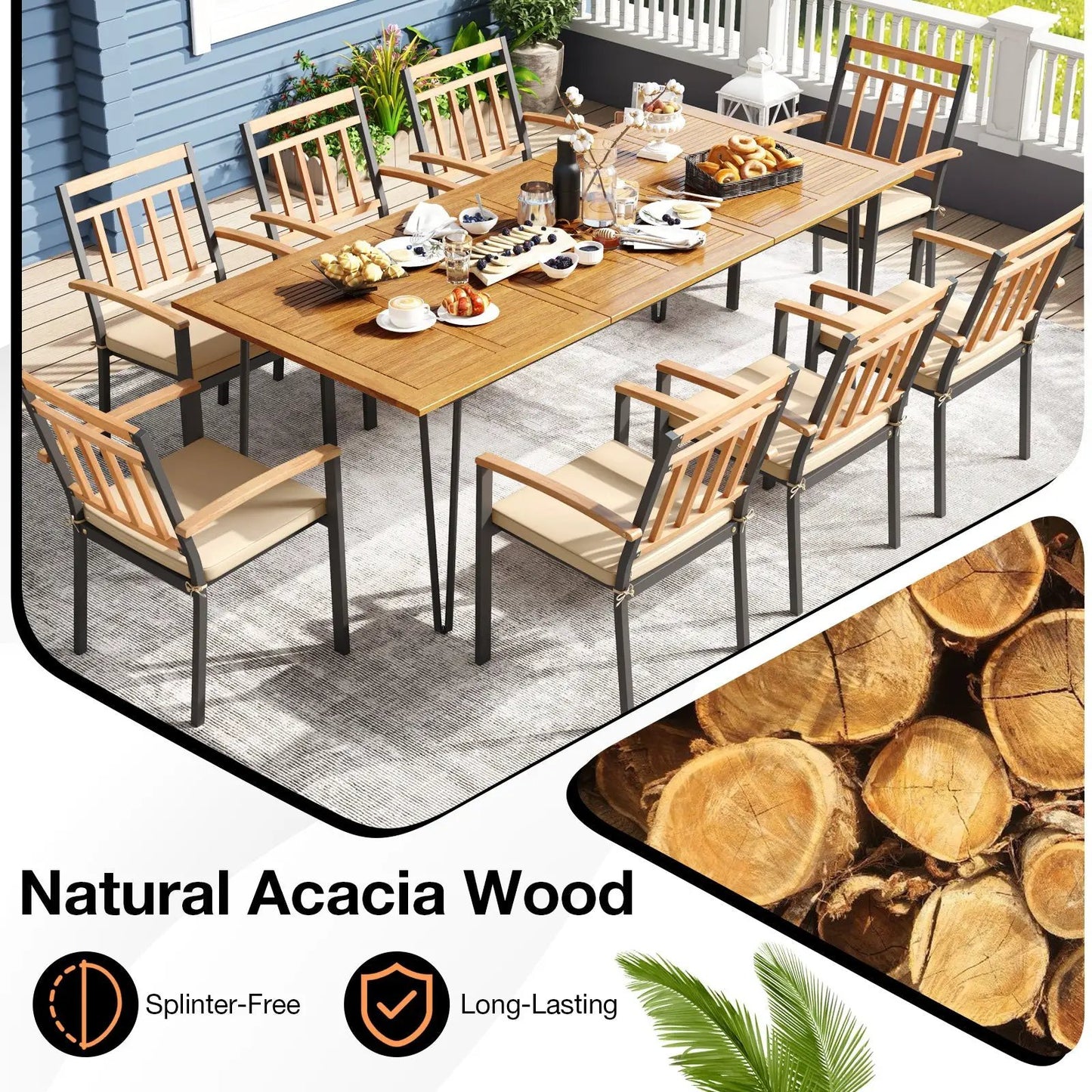 DirectDeals 9 Piece Patio Dining Set with natural Acacia Wood table and 8 chairs on Tampa Home & Garden Store
