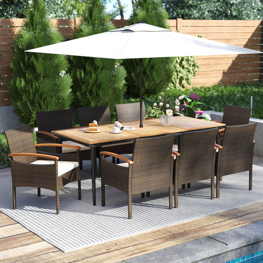 9 Pieces Patio PE Wicker Dining Set with Cushions and Umbrella Hole - Tampa Home & Garden Store