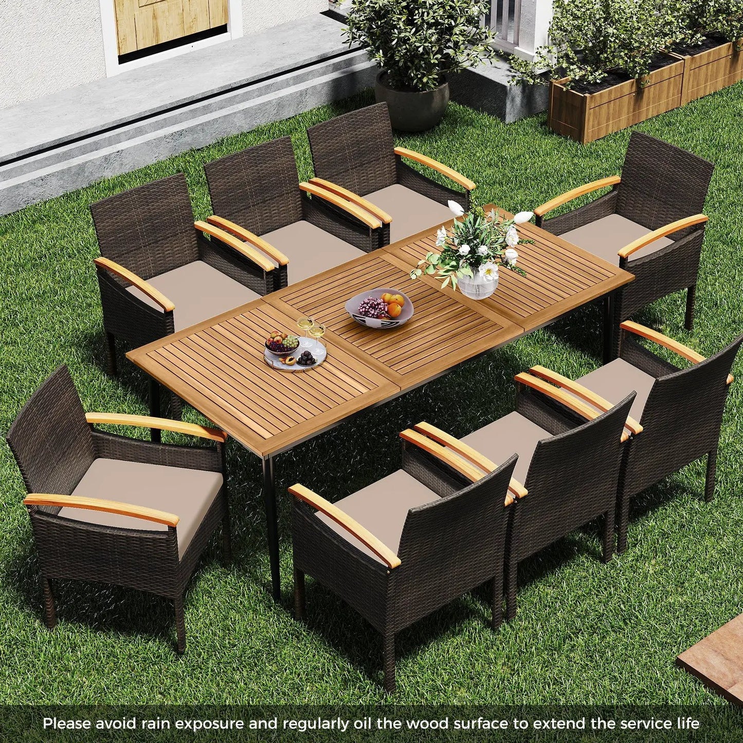 9-Piece DirectDeals PE wicker dining set with beige cushions and wooden armrests on Tampa Home & Garden Store