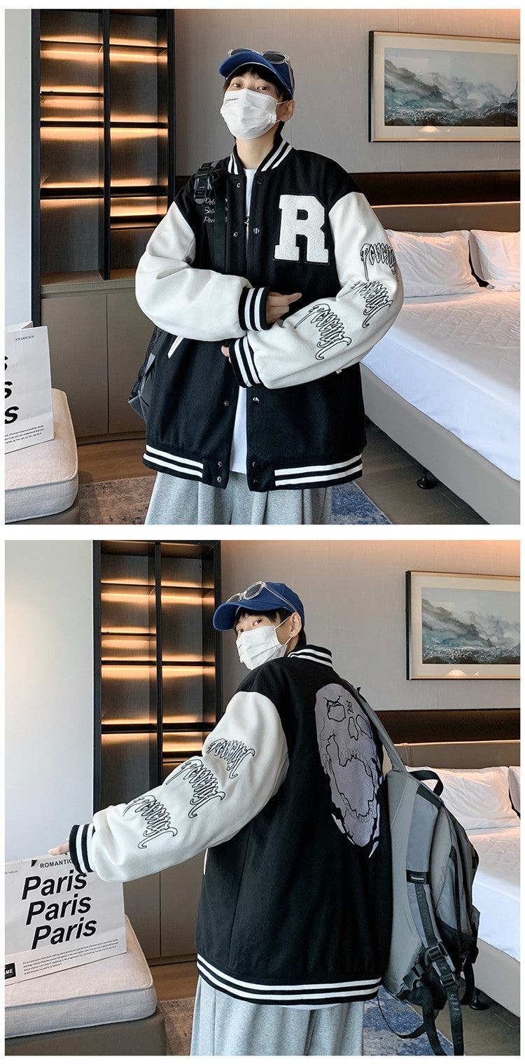 Black and white varsity bomber with large R patch and striped cuffs on Tampa Home & Garden Store