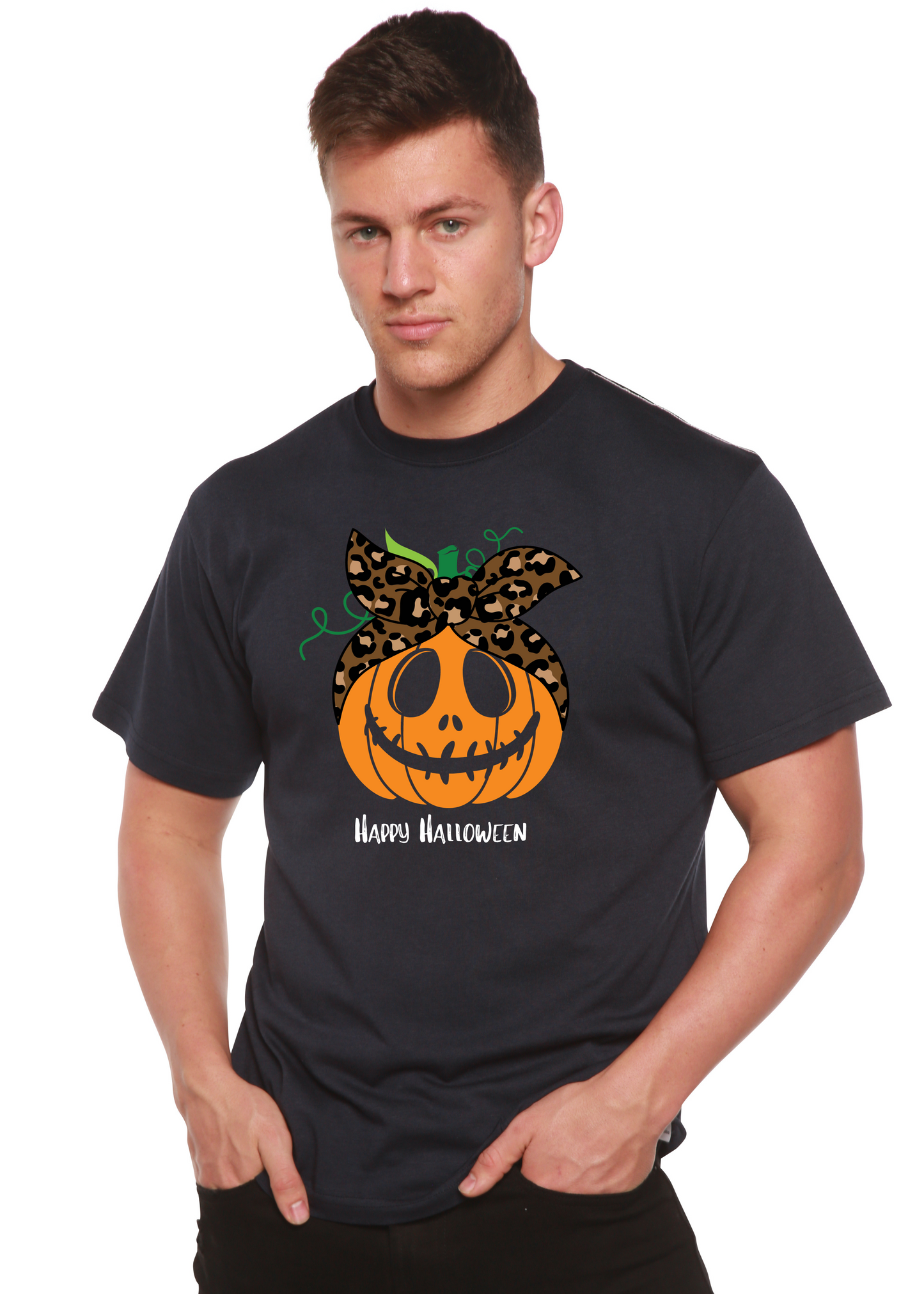 Spun Bamboo Happy Halloween men's graphic tee with orange pumpkin and leopard bow on black on Tampa Home & Garden Store