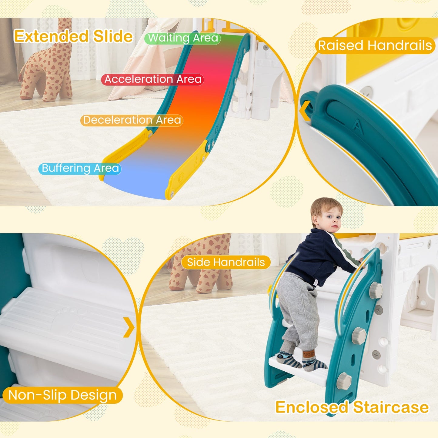 9-in-1 Toddler Slide L-shaped with hoop and steering wheel, teal slide, yellow ramp DirectDeals on Tampa Home & Garden Store